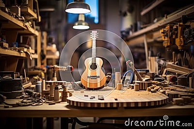 A newly hand-made guitar in the workshop Stock Photo