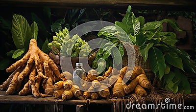 newly harvested ginger roots and their vibrant leaves Stock Photo