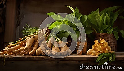 newly harvested ginger roots and their vibrant leaves Stock Photo
