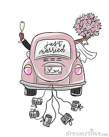 A newly married couple driving a vintage convertible car for their honeymoon with a newly married sign and cans attached. Vector i Cartoon Illustration