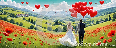 Newly married couple with heart shaped balloons outdoors Stock Photo