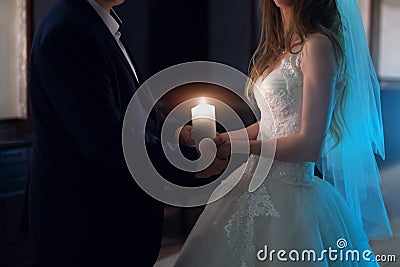 Newly married couple in hotel room, romance wedding night. Stock Photo