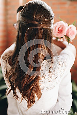 Newly married couple hugging each other. Close-up bride hairstyle. Love concept Stock Photo