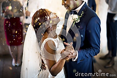 Newlywed African Descent Couple Dancing Wedding Celebration Stock Photo