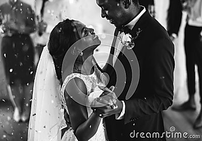 Newlywed African Descent Couple Dancing Wedding Celebration Stock Photo