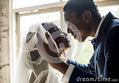 Newlywed African Descent Groom Open Bride Veil Wedding Celebration Stock Photo