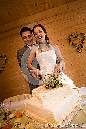 Newlywed couple cutting cake Stock Photo