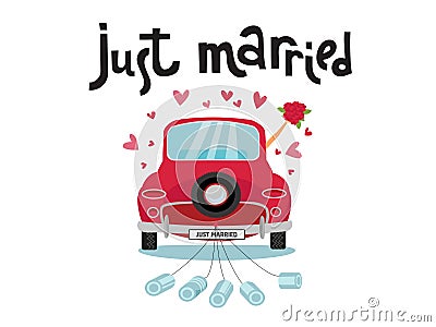 Newlywed couple is driving a vintage convertible car for their honeymoon with just married sign and cans attached. Just married Cartoon Illustration