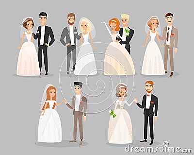 Newlywed couples flat vector illustrations set. Wedding day bride and groom standing and smiling cartoon characters pack Vector Illustration