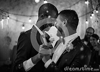 Newlywed Gay Couple Dancing on Wedding Celebration Stock Photo