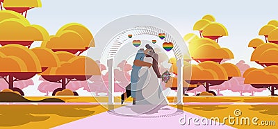 newlywed lesbian couple with flowers kissing near wedding arch transgender love LGBT community wedding celebration Vector Illustration