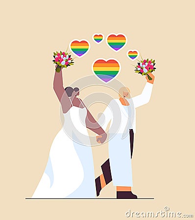 newlywed lesbian couple with flowers standing together transgender love LGBT community wedding celebration Vector Illustration