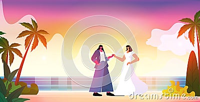 newlywed lesbian couple walking on beach transgender love LGBT community wedding celebration concept Vector Illustration