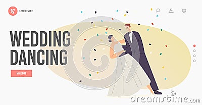 Newlywed Perform Wedding Dancing Landing Page Template. Marriage Celebration, Young Husband and Wife Waltz Dance Vector Illustration