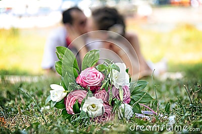 Newlyweds at a background with Stock Photo