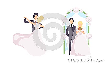 Newlyweds Couple as Just Married Male and Female in Wedding Dress and Suit Dancing and Standing in Arch Vector Set Vector Illustration
