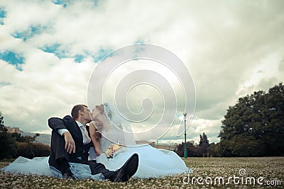 Newlyweds kiss in a park Stock Photo