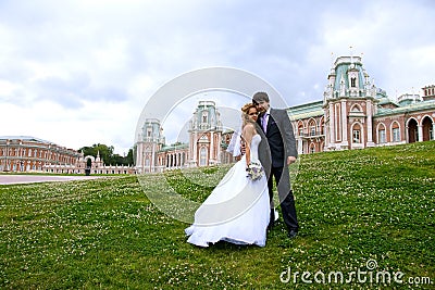 Newlyweds in a park Stock Photo