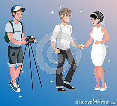 Newlyweds photographing . Bride and groom. Vector Illustration