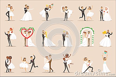 Newlyweds Posing And Dancing On The Wedding Party Set Of Scenes Vector Illustration