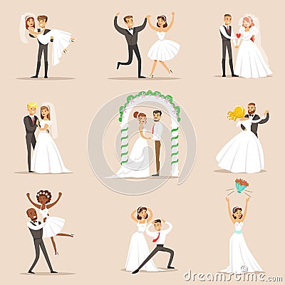 Newlyweds Posing And Dancing On The Wedding Party Set Of Scenes Vector Illustration