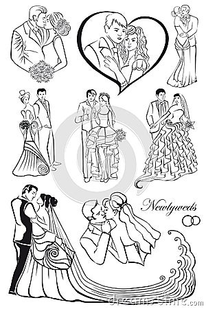 Newlyweds. Set of newly married couples. 8 pieces. Vector Illustration