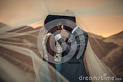 Newlyweds stand under bridal veil and embrace in canyon at sunset. Stock Photo