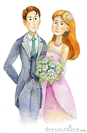 Newlyweds, wedding, bride and groom, engaged couple, Wedding Party invitation, greeting card, watercolor, aquarelle Stock Photo