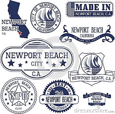 Newport Beach city, CA. Stamps and signs Vector Illustration