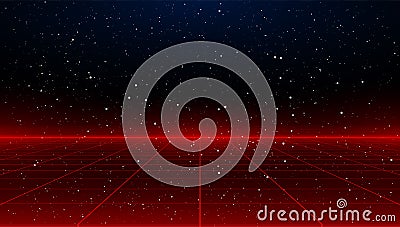 Newretrowave sci-fi red laser perspective grid background in starry space. Retrofuturistic cyber laser landscape. Vector Illustration