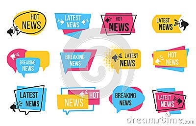 News badge. Promotion stickers with megaphone and text bulb, breaking news announcement. Vector newspaper tags Vector Illustration