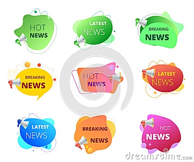 News badge set with megaphone. Promotion banners, label with text bulb, breaking, hot, latest new Stock Photo