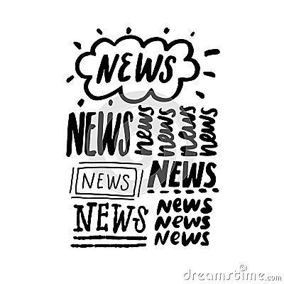 News banner, different handwritten lettering styled word news. Black vector text collage, typography caption Vector Illustration