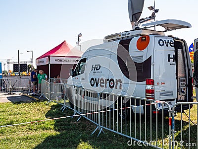 News Broadcast van transmitting from Catalan protest Editorial Stock Photo