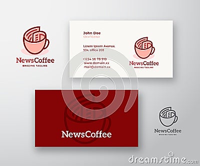 News Coffee Abstract Vector Logo and Business Card Template. Newspaper roll as a Coffee Cup Concept with Modern Vector Illustration