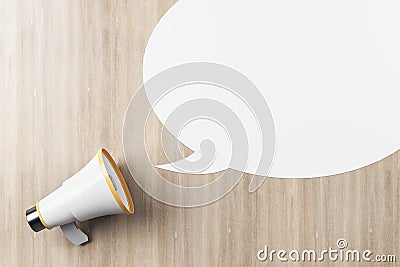 News concept with loudspeaker and white speech bubble with copyspace on wooden background. 3D rendering, mockup Stock Photo