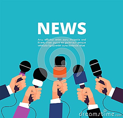 News concept with microphones. Broadcasting, interview and communication vector banner with handa holding microphones Vector Illustration