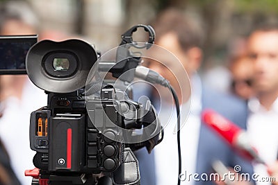 News conference. Media interview. Stock Photo