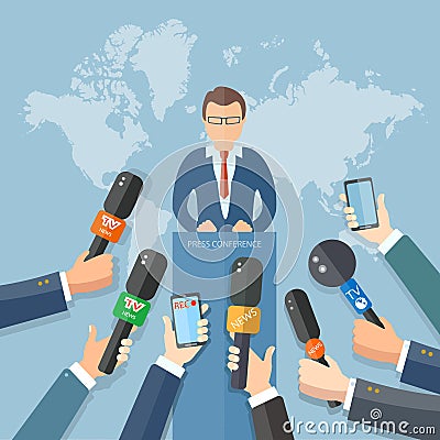 News conference world live tv hands of journalists microphones Vector Illustration