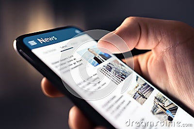 News feed in phone. Watching and reading latest online articles and headlines from smartphone newspaper mobile app. Stock Photo