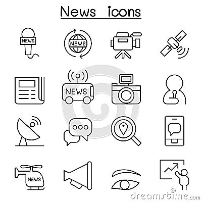 News icon set in thin line style Vector Illustration