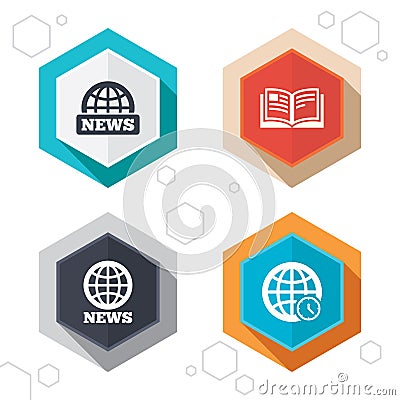 News icons. World globe symbols. Book sign Vector Illustration