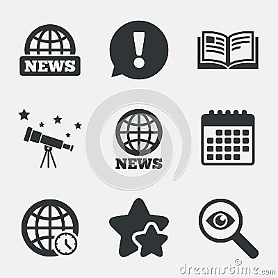 News icons. World globe symbols. Book sign. Vector Illustration