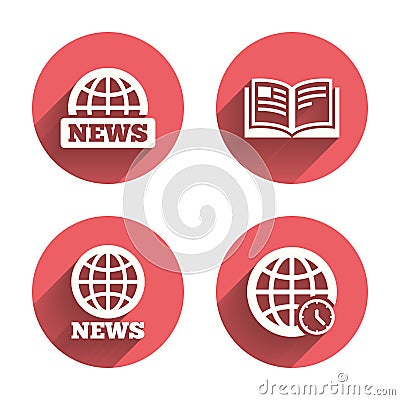 News icons. World globe symbols. Book sign Vector Illustration