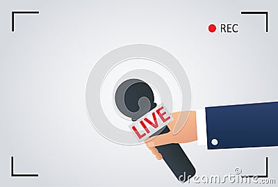 News illustration on focus tv and live with camera frame record. reporter with microphone, journalist symbol Vector Illustration