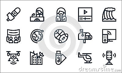 news line icons. linear set. quality vector line set such as microphone, usb, drone, helicopter, broadcasting, protest, mailbox, Vector Illustration