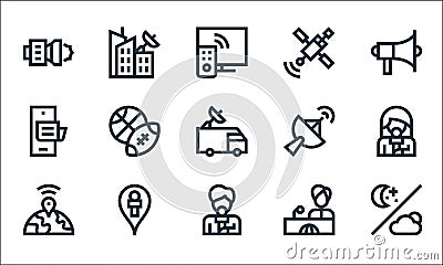 news line icons. linear set. quality vector line set such as weather, reporter, connectivity, reporter, interview, phone, Vector Illustration