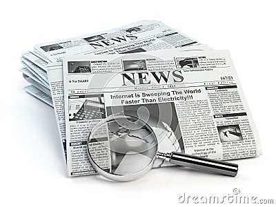 News. Loupe with periodic ho news newspapers isolated on white. Cartoon Illustration