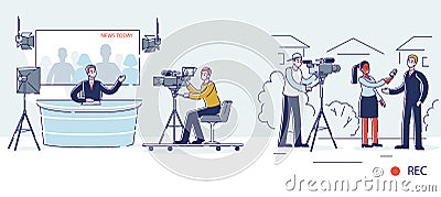 News production process. Presenter studio, journalist report, operator, cameraman Vector Illustration