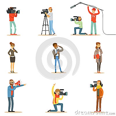 News Program Crew Of Professional Cameramen And Journalists Creating TV Broadcast Of Live Television Collection Of Vector Illustration